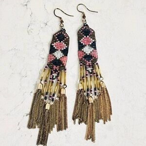 Long Seed Bead Fringe Dangly Earrings Pink Navy & Gold
